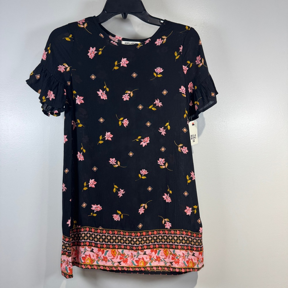 Billabong Black Floral Boho Mini Dress Ruffle Sleeve Indie Beachy Summer Kids M